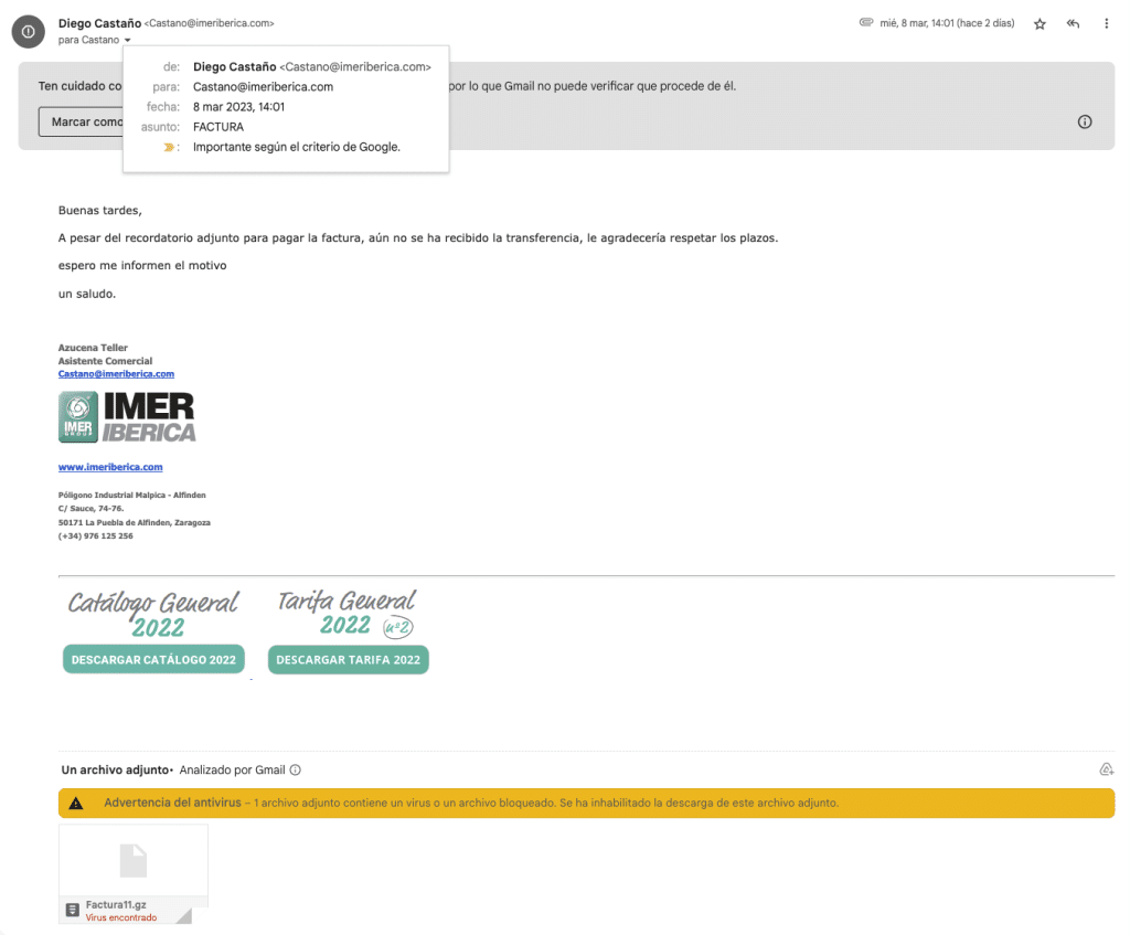 Correo completo de phishing con malware adjunto detectado por la suite de Google